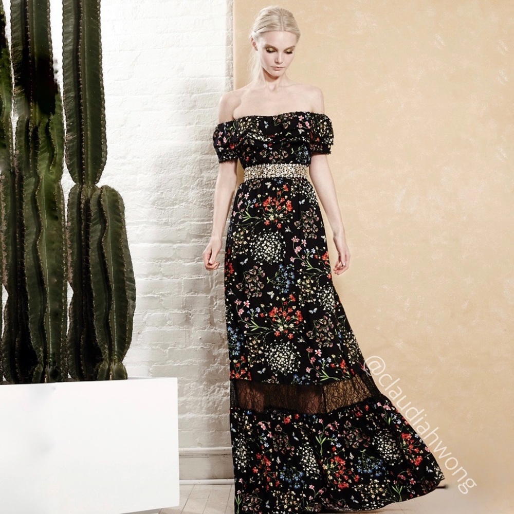 ALICE + OLIVIA Cherri Off Shoulder Floral Lace Maxi Gown in Black - Picture 15 of 15